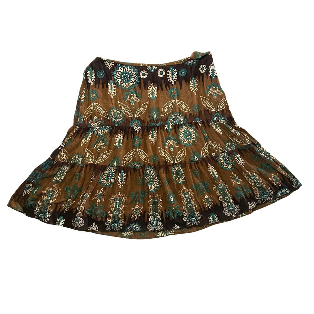 Relativity Vintage Y2K Paisley Medallion Tiered Midi Skirt 10 Brown Teal Rayon